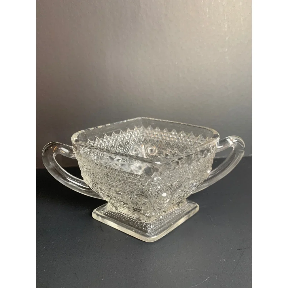 Vintage Clear Pressed Glass Sugar Bowl Diamond Point Floral Scroll Double Handle